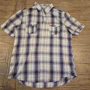Straight Faded Mens Sz XL Tab Short Sleeves Blue Purple Plaid Button Up Shirt
